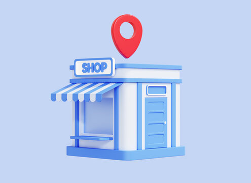 3D Store building with red map pin. Shop rental or sale. Online shopping concept. Business and commerce. Location point. Creative minimal design isolated on blue background. Cartoon icon. 3D Rendering