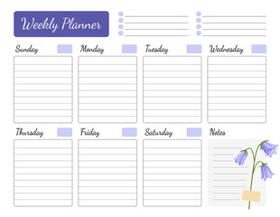 Weekly planner with floral design. Schedule decorated with campanula flower. Calendar, organizer, to do list. Vector printable template starting with sunday, a4 size.