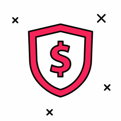 Filled outline Shield with dollar symbol icon isolated on white background. Security shield protection. Money security concept. Vector