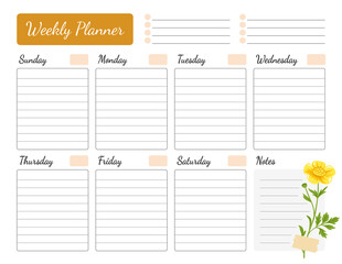Weekly planner with floral design. Schedule decorated with yellow buttercup flower. Calendar, organizer, to do list. Vector printable template starting with sunday, a4 size.