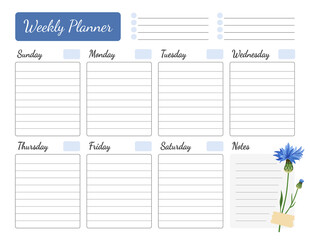 Weekly planner with floral design. Schedule decorated with blue cornflower. Calendar, organizer, to do list. Vector printable template starting with sunday, a4 size.