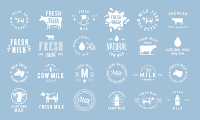 Dairy and milk products labels, emblems and logos. Milk logo set with cow silhouette, bottle, milk drop and splash. Trendy vintage design. Vector illustration