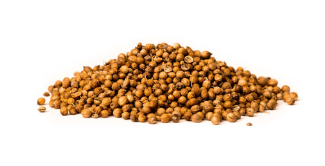 Coriander spice, close-up on a white background. Indian and Arabic peppers for cooking. Medicinal herbs and spices.