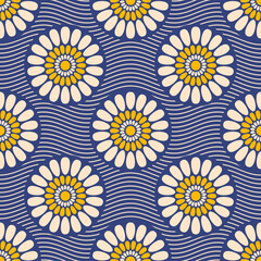 Seamless african fashion vector pattern with circles, round shapes, wavy lines. Bright, vibrant colors. Yellow, beige, blue colors. Color illustration.