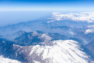 Fototapeta na wymiar Ariel view of snow laden mountain of Himalayas in Ladakh region, India
