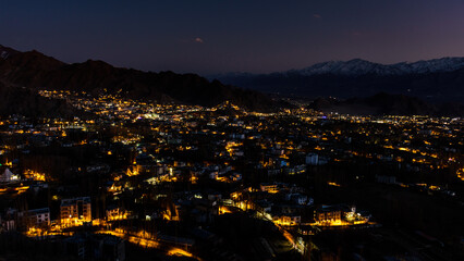 Landscape of Leh city at night in Leh, Ladakh, India