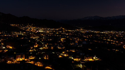 Landscape of Leh city at night in Leh, Ladakh, India