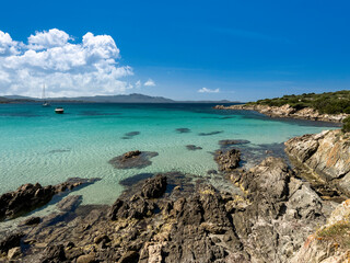 Fototapeta na wymiar Transparent and crystalline sea in the beach of Cala Sabina, Golfo Aranci, Olbia Tempio, Sardinia