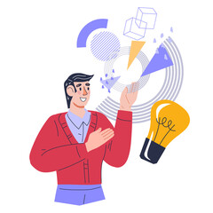 Businessman, professional employee with abstract diagrams and charts at backdrop, flat vector illustration isolated on white background. Businessman or entrepreneur male character.