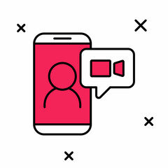 Filled outline Video chat conference icon isolated on white background. Online meeting work form home. Remote project management. Vector