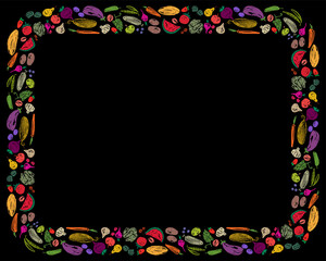Decorative frame from sketches ripe fruits and vegetables