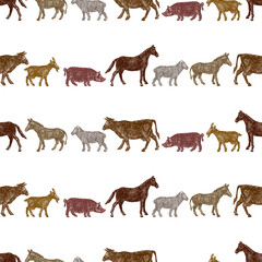 Seamless pattern of various drawn farm animals walking in rows