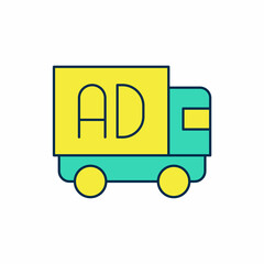 Fototapeta premium Filled outline Advertising on truck icon isolated on white background. Concept of marketing and promotion process. Responsive ads. Social media advertising. Vector