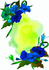 Floral watercolor template for card or invitation, summer poster with poppy flowers and leaves. 