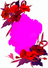 Floral watercolor template for card or invitation, summer poster with poppy flowers and leaves. 