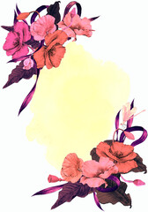 Floral watercolor template for card or invitation, summer poster with poppy flowers and leaves. 