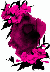 Floral watercolor template for card or invitation, summer poster with poppy flowers and leaves. 