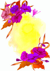 Floral watercolor template for card or invitation, summer poster with poppy flowers and leaves. 