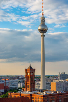 Television tower and Red Town Hall (Rotes Rathaus) on Alexanderplatz square, Berlin, Germany