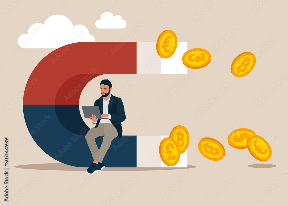 Wall mural Businessman getting coins and bills with magnet, path to be a millionaire, financial success and growth, Vector illustration design concept in flat style