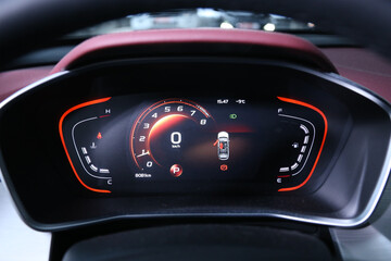 Digital instrument panel in a modern car. Meter of modern hybrid car, Air conditioning car, cockpit interior cabin details.