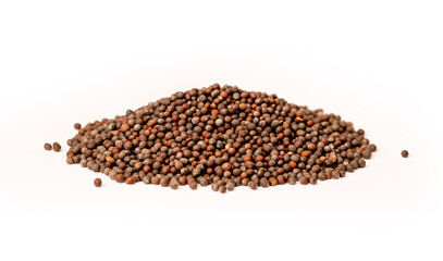 Mustard seed brown, spice close-up flat lay on a white background. Indian and Arabic spices for cooking. Medicinal herbs and spices.