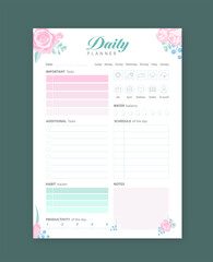 Diary planner for planning tasks for the whole day business tasks and study schedule with flowers
