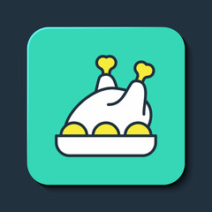 Filled outline Roasted turkey or chicken icon isolated on blue background. Merry Christmas and Happy New Year. Turquoise square button. Vector