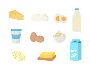 Set of most common dairy food products. Some kinds of cheese, milk packages and yogurts. Isolated vector illustrations