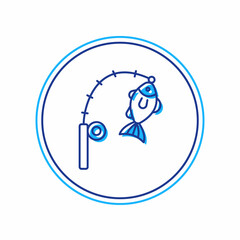 Filled outline Fishing rod and fish icon isolated on white background. Fishing equipment and fish farming topics. Vector