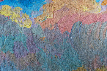 Obraz premium Abstract background closeup of a painting with brushstrokes. Rough art paint smear. Large multicolor spots of brush strokes and palette knife on the canvas