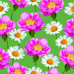 Camomile and pink peony flowers vector seamless pattern