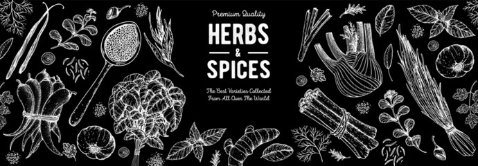 Obraz na płótnie Canvas Herbs and spices hand drawn vector illustration. Aromatic plants. Hand drawn food sketch. Vintage illustration. Card design. Sketch style. Spice and herbs black and white design.