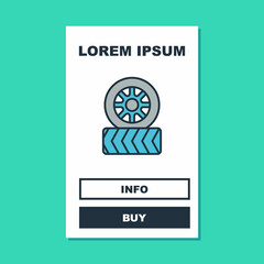 Filled outline Car tire wheel icon isolated on turquoise background. Vector