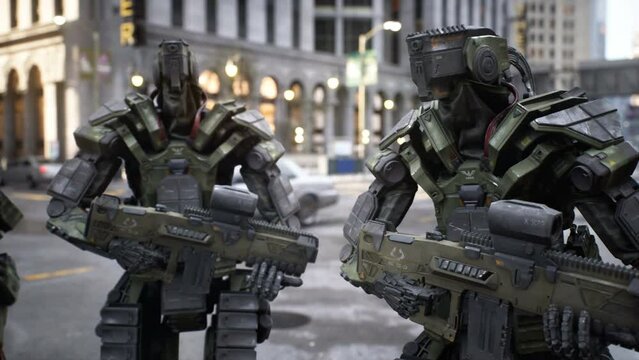 An army of robot soldiers guard the streets of a modern metropolis. A technological city guarded by a cyber guard. The animation is perfect for futuristic, fiction, cyber and sci-fi backgrounds.