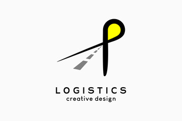 Logo Logistics, logistics and shipping company. the icon of the road with the sun in the shape of the letter p - obrazy, fototapety, plakaty