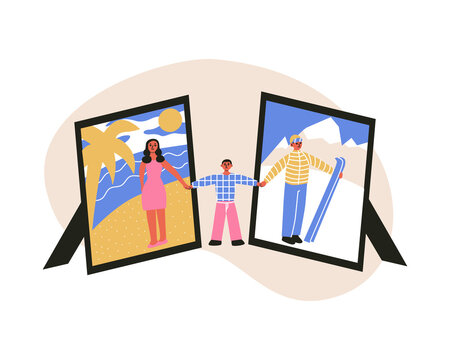 Children involving in parents divorce. Loss of good relationship and love, family breaking concept. Woman and man on holiday photos, his son torn between parents.Flat vector illustration