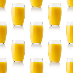 Seamless pattern of orange juice glass. Fresh orange juice, mango or pineapple in a glass repeat seamless pattern on white background.
