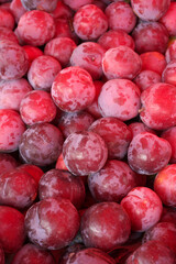 Organic red plums close up. Background, new harvest or food texture.