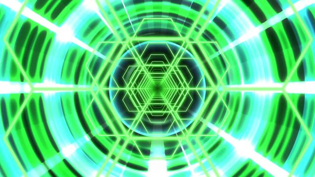 Animated light tunnel with geometric shapes flying out of it twenty second looping background
