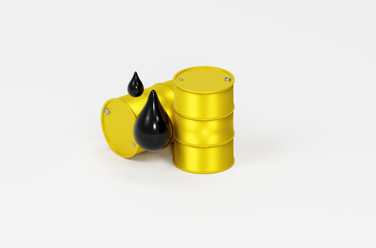 Two yellow metal oil barrels or drums with drops of fuel
