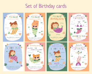 Vector birthday cards collection with little mermaids. Under the sea party card templates. Printable set. 