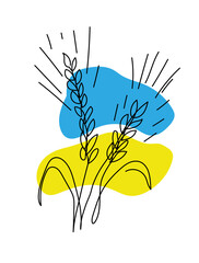 Wheat spikelet vector line illustration. One line art drawing of wheat spikelet with colors of ukrainian flag blue and yellow