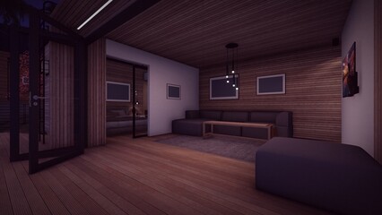 lounge with table and chair on the timber deck in the night nature background 3d illustration