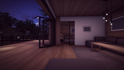 living room at modern wooden house in the night nature view 3d illustration