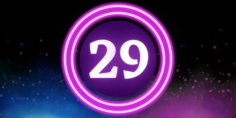 Number 29. Banner with the number twenty nine on a black background and blue and purple details with a circle purple in the middle