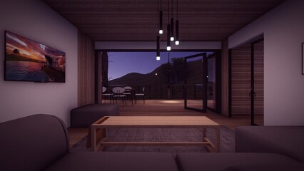 living room with coffee table with empty mockup photo frames in the night 3d illustration