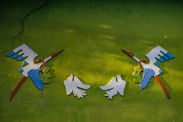 Rustic traditional house, traditional moldova facade, 
stork and 
dove, Stylized Moldovan decor, green wall