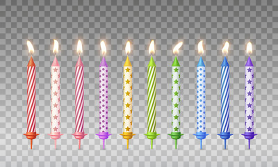 Candles with burning fire flame for birthday cake, pie isolated on transparent background. Vector 3d realistic color candlelight decoration elements set