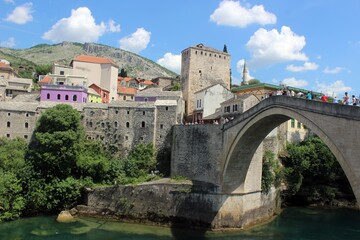 Fototapeta na wymiar Mostar Old Bridge and Old Town.